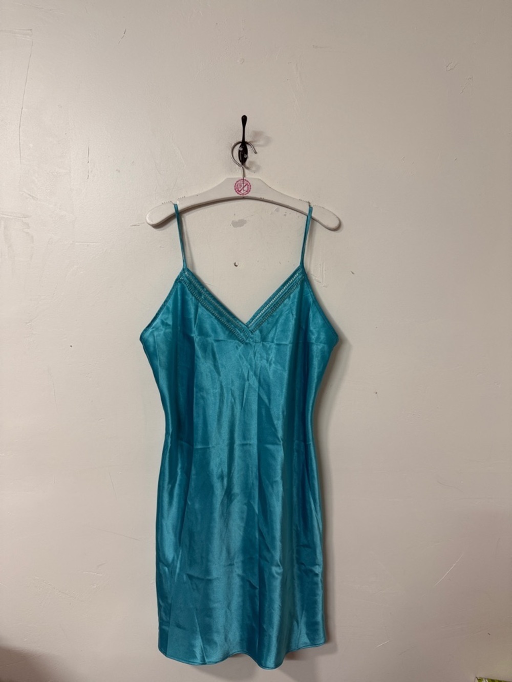Blue Satin Slip Dress with Lace Trim - Women's Intimates